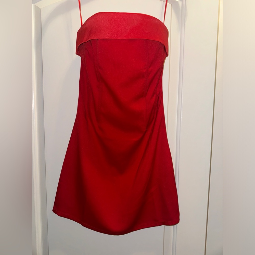 Red satin strapless dress